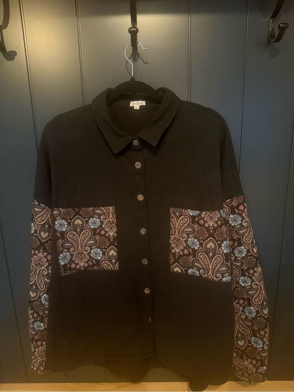 🪻POL Women’s Black Floral Paisley Tapestry Jacket Shacket Cottagecore - Size L - Picture 4 of 7